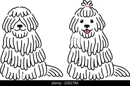 Niedlicher Comic-Komondor-Hund, mit haarbedeckenden Augen und hochgezogener Frisur. Großer weißer zotteliger Schäferhund sitzt. Einfache Zeichnung, Vektor-Clip-Art Illustraten Stock Vektor