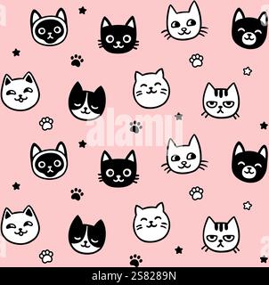 Niedliche Katzen-Gesichter kritzeln nahtlos. Handgezeichnete schwarz-weiße Kätzchen, Pfoten, Sterne auf rosa Hintergrund. Einfache Vektordarstellung. Stock Vektor