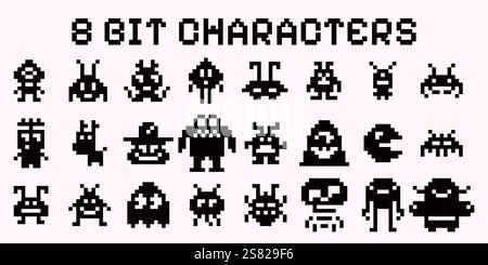 Weltraumeindringling. Pixel-Arcade-Spielfiguren. 8-Bit-Art-Virus für Videospiele. Retro Alien Video Monster. Gruseliges Tier oder Raumschiff. UFO-Biest. Galaxie d Stock Vektor