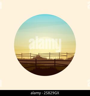 Wiesen-Silhouetten mit Gras und altem Holzzaun. Ländliche Landschaft, runder Panoramablick Sommerrasen ländliche Landschaft mit Kräutern, Unkraut. Landwirtschaft und Stock Vektor