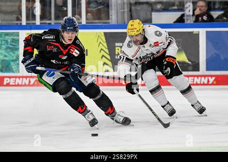 Kampf um den Puck / Zweikampf zwischen Joshua Samanski (Straubing Tigers, #8) und Linus Froeberg (Loewen Frankfurt, #71). GER, Straubing Tigers vs. Loewen Frankfurt, Eishockey, DEL, 38. Spieltag, Saison 2024/2025, 19.01.2025. Foto: Eibner-Pressefoto/Heike Feiner. Stockfoto