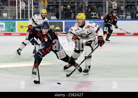 Kampf um den Puck / Zweikampf zwischen Joshua Samanski (Straubing Tigers, #8) und Carter Rowney (Loewen Frankfurt, #17). GER, Straubing Tigers vs. Loewen Frankfurt, Eishockey, DEL, 38. Spieltag, Saison 2024/2025, 19.01.2025. Foto: Eibner-Pressefoto/Heike Feiner. Stockfoto