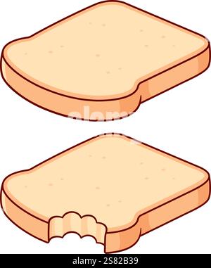 Weiße Toastbrotscheiben zeichnen, ganzer und fehlender Biss. Illustration des Zeichentrickvektors. Stock Vektor