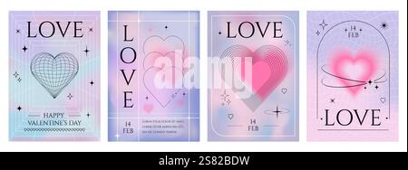 Hintergrund zum Valentinstag. Love, Heart Space Gradient Pink Poster oder y2k Muster, Form Karte. Modernes, trendiges Geschenk. Niedliche, ästhetische, minimalistische Grafik. Text Stock Vektor
