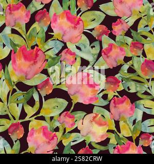 Ein nahtloses handgemaltes Aquarellmuster mit hellgelben Palmblättern mit lila Akzenten auf hellgrauem Hintergrund. Perfekt für Stoff, Stockfoto