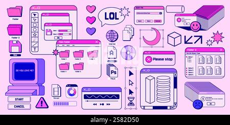 Y2K-Aufkleber. Retro-Vaporwave-Design. 2000er Jahre alte Fensterästhetik oder kitschige psychedelische Kunst. 90er Jahre Web PC Button. Computerfehlermeldung. Dokumentordner Stock Vektor