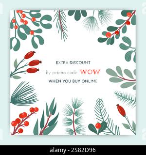 Winterpflanzen zu Weihnachten. Angebote für Sonderangebote oder Rabatte für soziale Medien. Vorlage für Werbebanner. Dekorative botanische Zweige mit Beere f Stock Vektor