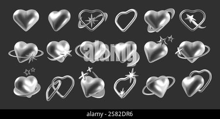 Chromherz. Futuristisches Design in 3D-Silber, moderne, stilvolle Sternelemente wie Cyber Y2K-Konzept, digitale Love Stickers Kollektion aus den 90er Jahren. Holographische Flüssigkeit Stock Vektor
