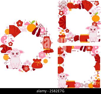 Kreisrunde Rahmen mit Schaf chinese New Year 2027 Vorlagendesigns und transparenten Hintergründen. Chinesisches Neujahr der Schafe - modernes Mondjahr Stock Vektor