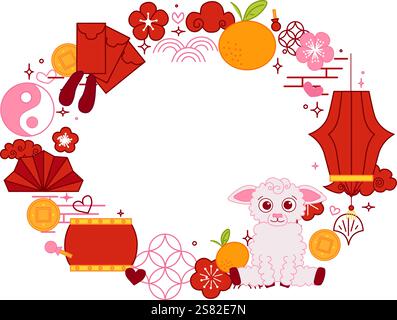 Chinesisches Neujahrsjahr der Schafe 2027 ovale Rahmenvorlage für Ihren Text. Vektorgrafik für CNY-bezogene Objekte Stock Vektor