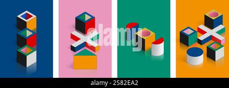 Isometrische Form. Abstraktes Plakatdesign für die Schule. Die Figuren stapeln. Geometrieabdeckung mit flacher quadratischer oder geometrischer Grafik. Zylinder- und Kreuzkompostiere Stock Vektor