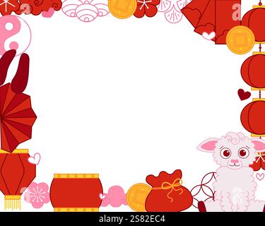 2027 Chinesisches Neujahr der Schafe rechteckiges Schablonenrahmendesign. CNY-bezogene Objekte herum. Vektorgrafik-Strichdarstellung Stock Vektor