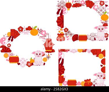 Happy Chinese New Year 2027 Schafe. Chinesisches Neujahrsvektor-Rahmenschablone Set für Showprodukt. Grußkarte. China-Rahmen mit Laterne auf Transp Stock Vektor