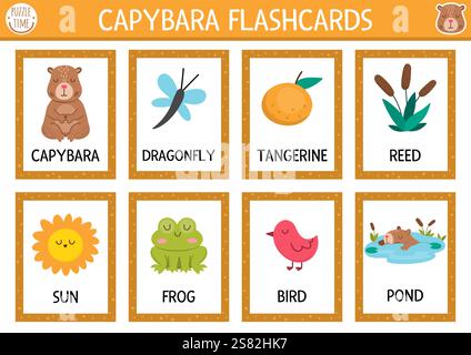 Vektor-Capybara-Flash-Karten Set mit Libelle, Mandarine, Frosch, Sonne, Vogel, Teich. Englischsprachiges Spiel mit niedlichen Tieren für Kinder. Capibara-Karteikarte Stock Vektor