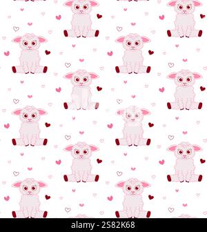 Nahtloses Vektormuster mit rosa weißen süßen Schafen und Herzen. Niedliches Bauernmotiv. Handgezeichnete Vektorgrafik. Valentinstag, CNY Stock Vektor