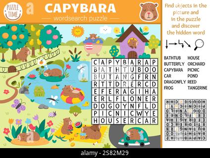 Vektor-Capybara Wortsuche Puzzle für Kinder. Quiz zur einfachen Wortsuche mit der Natur im Sommer. Pädagogische Aktivität mit Schmetterling, Schilf, Garten. Stock Vektor