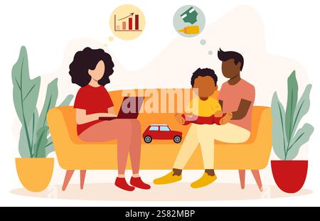 Familie gemeinsam in einem gemütlichen Wohnzimmer mit Eltern, die Arbeit und Kinderbetreuung während des Mutterschaftsurlaubs vereinbaren und Zukunftspläne diskutieren Stock Vektor