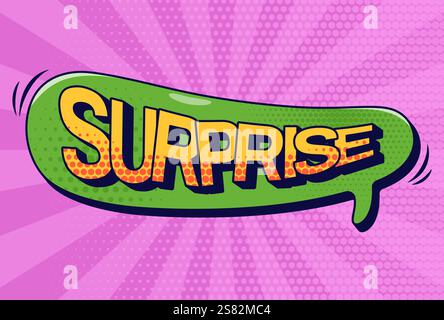 Comics-Sprechblase Überraschung mit Halbtonelementen auf rosa sonnengroovigem Hintergrund. Vektorillustration im Pop Art Stil. Stock Vektor