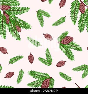 Nahtloses weihnachtsmuster Tannenzweige mit Kegeln. Stock Vektor
