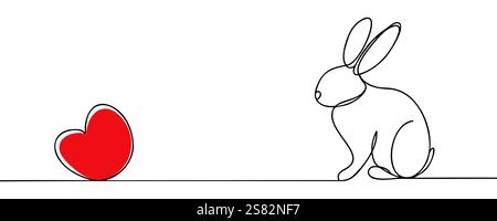 Durchgehende einzeilige Zeichnung von Osterhase und Herz. Niedliche Silhouette mit Ohren und Herz in schlichtem, linearen Stil für Frühjahrsgrüße ca. Stock Vektor