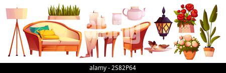 Gartenmöbel auf der Terrasse - gepolstertes Sofa, Holzstuhl, dekorative Lampe, Teekanne. Sammlung mit Topfpflanzen, blühenden Rosen, Mauerlaterne Stock Vektor