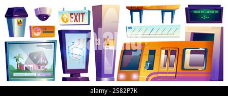 U-Bahn-Station Elemente Set - gelbe Zugwagen, digitale Bildschirme mit Streckenplan und Immobilienwerbung, Überwachungskamera, Richtungsschilder, Stock Vektor