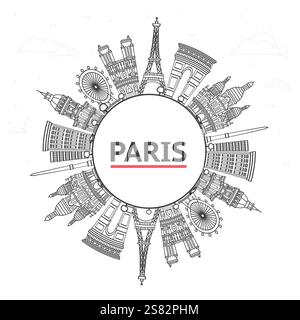 Umreißen Sie die Skyline von Paris France City mit historischen Gebäuden und einem Raum, der auf weiß isoliert ist. Vektorabbildung. Pariser Stadtlandschaft mit Wahrzeichen. Stock Vektor