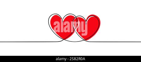 Zwei Herzen, durchgehende Linie. Valentinstag-Konzept. Die Herzen passen zu trendigen minimalistischen Illustrationen. Minimalistischer Umriss Kunst. Vektor. Stock Vektor
