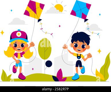 Vektor-Illustration von Menschen, die mit Kites im Freien spielen, mit fröhlichen Sommeraktivitäten, Urlaubsspaß und Glück in einem flachen Zeichentrickhintergrund Stock Vektor