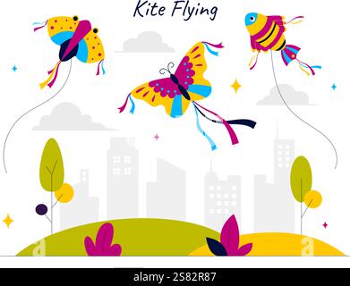 Vektor-Illustration von Menschen, die mit Kites im Freien spielen, mit fröhlichen Sommeraktivitäten, Urlaubsspaß und Glück in einem flachen Zeichentrickhintergrund Stock Vektor