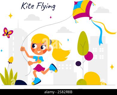 Vektor-Illustration von Menschen, die mit Kites im Freien spielen, mit fröhlichen Sommeraktivitäten, Urlaubsspaß und Glück in einem flachen Zeichentrickhintergrund Stock Vektor