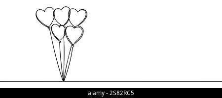 Herzballons zeichnen mit einer durchgehenden Linie. Niedliche Symbolliebe. Zeichnen Sie die Umrisse von Hand isoliert auf weißem Hintergrund. Zeichnungen von Strichbildern. Hochzeit oder Stock Vektor