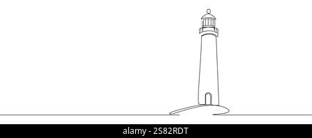 Fortlaufende Linienzeichnung des Leuchtturms. Einzeilige Zeichnung des Leuchtturms am Strand. Strand Verkehrsmarkierung Leuchtturm. Einzeilige Vektor-Illustration. Stock Vektor
