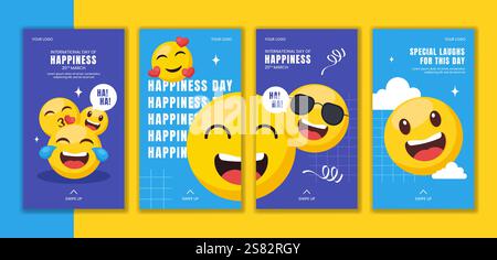 Illustration von Geschichten aus sozialen Medien für den Internationalen Glückstag mit fröhlichen Gesichtern und hellen Farben Stock Vektor