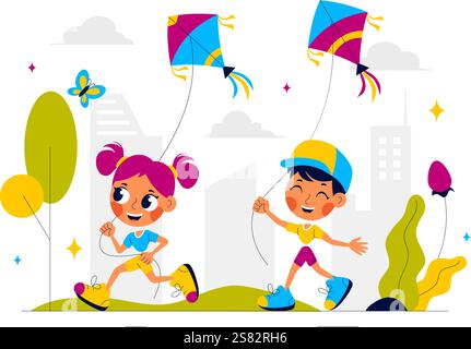 Vektor-Illustration von Menschen, die mit Kites im Freien spielen, mit fröhlichen Sommeraktivitäten, Urlaubsspaß und Glück in einem flachen Zeichentrickhintergrund Stock Vektor