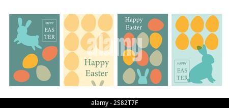 Farbenfrohe osterkarten mit Häschen und Eiern. Stock Vektor