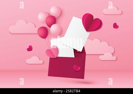 3D-Liebesbrief auf rosa Hintergrund mit leerer weißer Postkarte im roten Umschlag, verziert mit schwimmenden Papercut-Herzen, Ballons und flauschigen Wolken. Grußnachricht Mockup für Valentinstag oder Muttertag. Stock Vektor