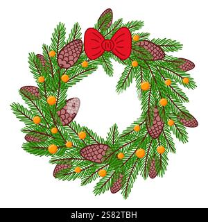 Weihnachtskranz aus Tannenzweigen und Tannenzapfen. Stock Vektor