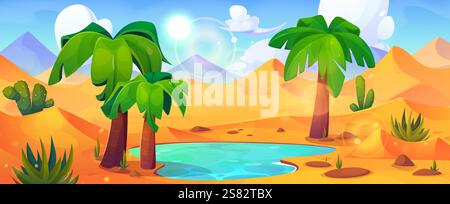 Wüstenoase Landschaft - türkisfarbener Wasserpool umgeben von Palmen und Sanddünen unter hellem Sonnenlicht. Natürliche Szene mit Kakteen, Sukkulenten, fernen Bergen, weißen Wolken am hellblauen Himmel. Stock Vektor
