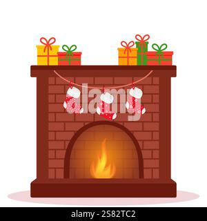 Weihnachtskamin mit Geschenken. Stock Vektor