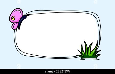 Vektor Postkartenvorlage Design mit Gras und Schmetterling. Editierbarer Rahmen mit Federdesign. Handgezeichneter Hintergrund Stock Vektor