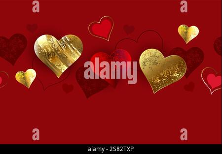 Horizontaler Rand aus Gold, Rot, strukturiertem Brokat und Folienvalentinen auf rotem Hintergrund. Design für Valentinstag. Stock Vektor