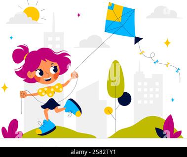 Vektor-Illustration von Menschen, die mit Kites im Freien spielen, mit fröhlichen Sommeraktivitäten, Urlaubsspaß und Glück in einem flachen Zeichentrickhintergrund Stock Vektor