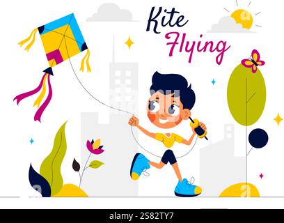 Vektor-Illustration von Menschen, die mit Kites im Freien spielen, mit fröhlichen Sommeraktivitäten, Urlaubsspaß und Glück in einem flachen Zeichentrickhintergrund Stock Vektor