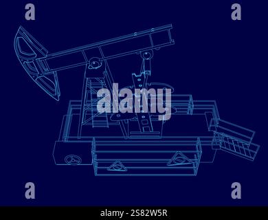 Blaue Zeichnung einer Maschine mit schwarz-weißem Umriss. Die Zeichnung ist von einer Ausrüstung, die zum Bohren verwendet wird Stock Vektor