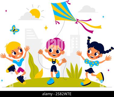 Vektor-Illustration von Menschen, die mit Kites im Freien spielen, mit fröhlichen Sommeraktivitäten, Urlaubsspaß und Glück in einem flachen Zeichentrickhintergrund Stock Vektor