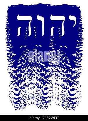 Satz hebräischer Buchstaben, die das Wort YHWH bilden, auch Tetragrammaton genannt, auf blauem und weißem Hintergrund. Stock Vektor