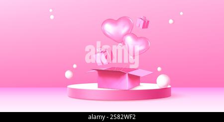Rosafarbene romantische Komposition mit kreisförmigem Podium - Herzballons, die aus der geöffneten Box schweben, geschwungene Geschenke mit Schleifen, verstreute Kugeln Stock Vektor