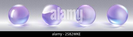 3D-Glaskugeln isoliert auf transparentem Hintergrund. Vektor-realistische Illustration von violetten Kristallkugeln mit Lichtflecken und Reflexion auf glos Stock Vektor