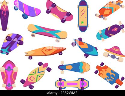 Skateboards. Longboards und Skateboards für Extremsport exakte Vektorabbildungen verschiedener Blickpunkte Stock Vektor